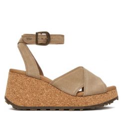 Sandały Fly London. Brązowe sandały Fly London, bez wzorów, bez obcasa, na koturnie, bez zapięcia. Za 716.99 zł.