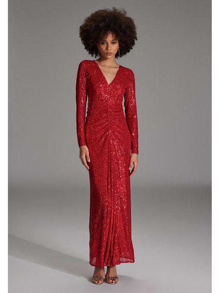 SWING Sukienka w kolorze czerwonym rozmiar: 44. Czerwone sukienki Swing, bez wzorów, bez kołnierzyka, bez ramiączek, maxi. Za 402.20 zł.