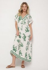 Zielono-Beżowa Sukienka z Lnem i Wiskozą o Pudełkowym Kroju Sadirene. Zielone sukienki Born2be, na co dzień, l, bez wzorów, z wiskozy, eleganckie, bez kołnierzyka, bez ramiączek, maxi. W wyprzedaży za 67.99 zł.