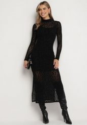 Czarna Siateczkowa Sukienka z Welurowym Nadrukiem w Cętki i Rozcięciami Zaili. Czarne sukienki Born2be, na co dzień, l, bez wzorów, z weluru, eleganckie, bez kołnierzyka, bez ramiączek, midi, dopasowane. W wyprzedaży za 135.99 zł.