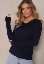 Granatowy Minimalistyczny Sweter z Dekoltem w Kształcie Litery V Sinovae. Niebieskie swetry Renee, s, bez wzorów, z jeansu, casualowe, bez ramiączek. W wyprzedaży za 39.99 zł.