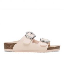 Klapki damskie Birkenstock Arizona. Białe klapki Birkenstock, bez wzorów, z materiału, bez obcasa, bez zapięcia. Za 233.10 zł.
