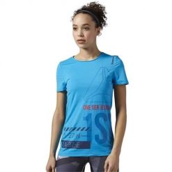 Koszulka treningowa damska Reebok S94255. Niebieskie t-shirty sportowe Reebok, l, bez wzorów, z materiału, bez ramiączek, do biegania. Za 192.00 zł.