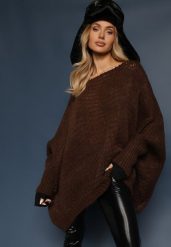Brązowy Luźny Sweter Dzianinowy w Stylu Ponczo Nattava. Brązowe swetry Renee, uniwersalny, bez wzorów, z dzianiny, casualowe, bez ramiączek. W wyprzedaży za 79.99 zł.