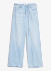 Jeansy wide leg, mid waist, z paskiem. Niebieskie jeansy bonprix, bez wzorów, z denimu. Za 127.99 zł.