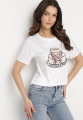 Biały T-shirt z Bawełny Ozdobiony Nadrukiem i Kokardą 3D Sanathien. Białe t-shirty Born2be, l, z aplikacjami, z bawełny, klasyczne, bez kołnierzyka, bez ramiączek. Za 59.99 zł.