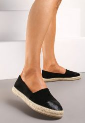 Czarne Płaskie Espadryle z Plecioną Podeszwą Geritellia. Czarne espadryle Renee, bez wzorów, z jeansu, eleganckie, bez obcasa, na płaskiej podeszwie. W wyprzedaży za 71.99 zł.