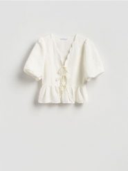 Bluzka z lnem - biały. Białe bluzki Reserved, l, bez wzorów, z wiskozy, bez kołnierzyka, bez ramiączek. Za 129.99 zł.