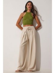 Hapiness Istanbul Spodnie w kolorze beżowym rozmiar: 40. Brązowe spodnie materiałowe Hapiness Istanbul, bez wzorów, z bawełny, z podwyższonym stanem. Za 92.21 zł.