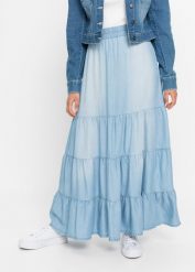 Długa spódnica z falban. Niebieskie spódnice bonprix, bez wzorów, z denimu, maxi. Za 144.99 zł.