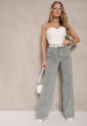 Jasnoniebieskie Jeansy High Waist o Szerokim Kroju z Cyrkoniami i Koralikami Heltewi. Niebieskie jeansy Renee, z aplikacjami, z jeansu, eleganckie, z podwyższonym stanem. W wyprzedaży za 95.99 zł.