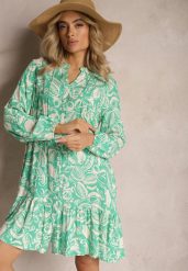 Zielona Rozkloszowana Sukienka Mini z Wiskozy w Koszulowym Stylu z Motywem Natury Berdia. Zielone sukienki Renee, l, bez wzorów, z wiskozy, bez kołnierzyka, bez ramiączek, mini, koszulowe. W wyprzedaży za 76.99 zł.