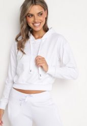 Biała Bluza z Dodatkiem Bawełny z Kapturem Wykończona Ściągaczami Evista. Białe bluzy Born2be, l, bez wzorów, z bawełny, biznesowe, bez ramiączek, z kapturem. W wyprzedaży za 38.24 zł.