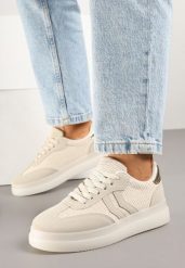 Beżowe Sneakersy Tenisówki Ozdobione Paskami Falovinia. Brązowe trampki Renee, bez wzorów, z jeansu, eleganckie, bez zapięcia. W wyprzedaży za 75.99 zł.