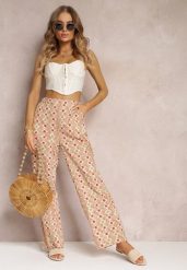 Beżowe Szerokie Spodnie w Fantazyjny Print Bawełniane Rosabella. Brązowe jeansy Renee, l, z aplikacjami, z bawełny, eleganckie, długie. W wyprzedaży za 50.99 zł.