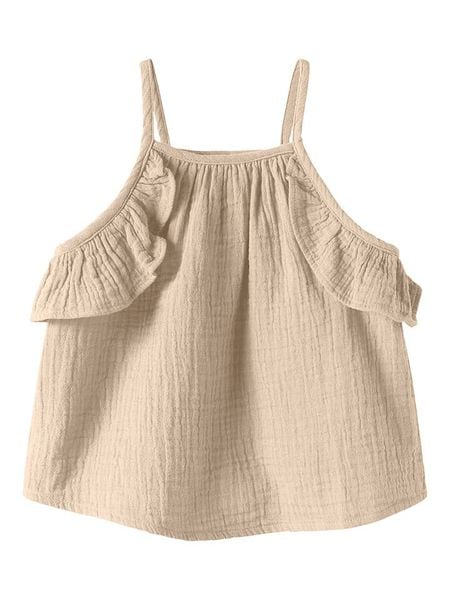 Name it Top "Hiisa" w kolorze beżowym rozmiar: 116. Brązowe topy Name it, bez wzorów, z bawełny, bez kołnierzyka, bez ramiączek. Za 52.42 zł.