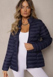 Granatowa Kurtka Ozdobiona Pikowaniem i Kieszeniami na Suwak Mivuria. Niebieskie kurtki Renee, l, bez wzorów, z jeansu, eleganckie, bez kaptura. W wyprzedaży za 74.99 zł.