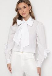Biała Koszula z Ozdobnym Wiązaniem i Falbankami Zalimira. Białe koszule Born2be, bez wzorów, z jeansu, eleganckie, bez kołnierzyka, bez ramiączek. W wyprzedaży za 93.49 zł.