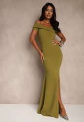 Jasnozielona Sukienka Koktajlowa Typu Hiszpanka z Rozcięciem na Nogę Hallomea. Zielone sukienki Renee, m, bez wzorów, eleganckie, bez kołnierzyka, bez ramiączek, maxi. Za 109.99 zł.