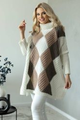 Kolorowy sweter jak ponczo z golfem wzór w romby kremowy. Białe swetry PeeKaBoo, uniwersalny, bez wzorów, eleganckie, bez ramiączek. Za 329.00 zł.