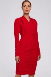 Sukienka elegancka kopertowa sukienka midi z marszczeniami czerwona. Czerwone sukienki Sukienki.shop, do pracy, xxl, bez wzorów, biznesowe, bez kołnierzyka, bez ramiączek, midi, kopertowe. Za 429.00 zł.