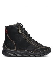 Rieker Botki 55049-00 Czarny. Czarne botki Rieker, bez wzorów, ze skóry, bez obcasa, na płaskiej podeszwie, bez zapięcia. Za 199.99 zł.