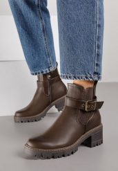 Brązowe Botki w Stylu Sztybletów na Niskim Obcasie z Paskiem ze Sprzączką Lathorie. Brązowe botki Renee, bez wzorów, z jeansu, klasyczne, bez obcasa, na obcasie, bez zapięcia. Za 139.99 zł.