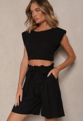 Czarne Szorty z Wiskozy High Waist Ozdobione Paskiem Lumilirae. Czarne szorty Renee, bez wzorów, z wiskozy, eleganckie. W wyprzedaży za 43.99 zł.