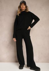 Czarny Komplet 2-częściowy z Dzianiny z Wiskozą Sweter z Półgolfem i Spodnie z Gumką Firiala. Czarne swetry Renee, s, bez wzorów, z dzianiny, eleganckie, bez ramiączek. Za 179.99 zł.