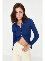 Trendyol Kardigan w kolorze granatowym rozmiar: L. Niebieskie swetry Trendyol, l, bez wzorów, prążkowane, bez ramiączek. Za 60.99 zł.