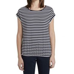 Koszulka turystyczna damska Tom Tailor Striped Crew-Neck. Białe t-shirty sportowe Tom Tailor, bez wzorów, z elastanu, bez ramiączek. W wyprzedaży za 80.00 zł.