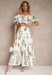 Biały Wiskozowy Komplet w Kwiatowy Wzór Bluzka z Falbaną i Spódnica Falkio. Białe bluzki Renee, m, bez wzorów, z materiału, eleganckie, bez kołnierzyka, bez ramiączek. W wyprzedaży za 167.99 zł.