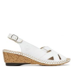 Sandały Rieker. Białe sandały Rieker, bez wzorów, bez obcasa, na koturnie, bez zapięcia. Za 309.99 zł.
