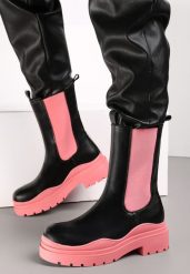 Czarno-Różowe Botki Sztyblety z Kolorowymi Wstawkami i Podeszwą Balke. Czerwone botki Renee, z aplikacjami, klasyczne, bez obcasa, na płaskiej podeszwie, bez zapięcia. Za 39.99 zł.