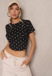 Czarny T-shirt z Bawełny Ozdobiony Brokatem Olindara. Czarne t-shirty Renee, m, z aplikacjami, z bawełny, bez kołnierzyka, bez ramiączek. W wyprzedaży za 39.99 zł.