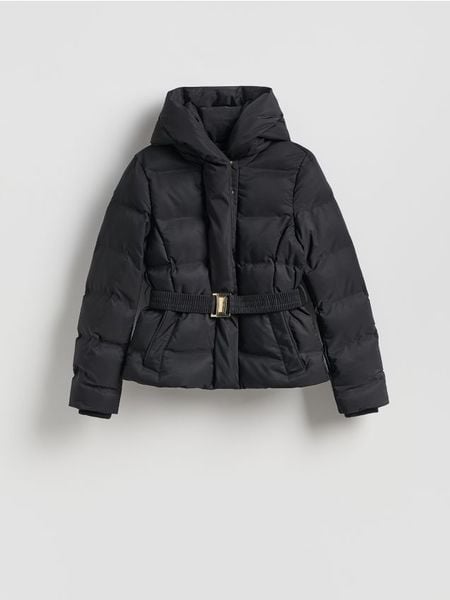 Kurtka z paskiem - czarny. Czarne kurtki Reserved, l, bez wzorów, z tkaniny, bez kaptura. Za 279.99 zł.