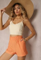 Pomarańczowe Szorty High Waist z Gumką w Pasie Kerpia. Brązowe szorty Renee, bez wzorów, z bawełny, eleganckie. W wyprzedaży za 39.99 zł.