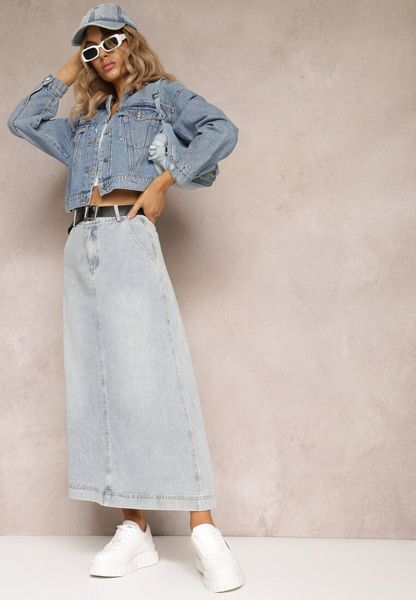 Jasnoniebieska Jeansowa Spódnica Maxi o Rozkloszowanym Kroju z Paskiem Teviva. Niebieskie spódnice Renee, m, bez wzorów, z jeansu, maxi, rozkloszowane. Za 89.99 zł.