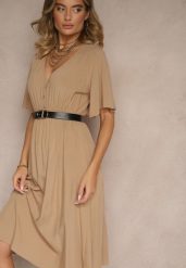 Ciemnobeżowa Rozkloszowana Sukienka z Bawełnianej Tkaniny Lirioneae. Brązowe sukienki Renee, na co dzień, l, bez wzorów, z bawełny, eleganckie, bez kołnierzyka, bez ramiączek, midi, rozkloszowane. W wyprzedaży za 55.99 zł.