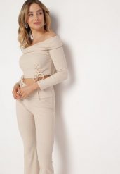 Beżowy Bawełniany Komplet Casual z Dzwonami i Bluzką Hiszpanką z Rzemykami Ordina. Brązowe bluzki Born2be, z aplikacjami, z bawełny, biznesowe, bez kołnierzyka, bez ramiączek. Za 169.99 zł.