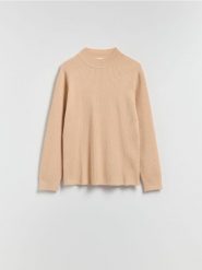 Prążkowany sweter - beżowy. Brązowe swetry Reserved, l, bez wzorów, z dzianiny, bez ramiączek. Za 139.99 zł.