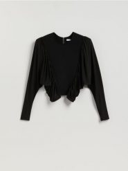 Bluzka z poduszkami na ramionach - czarny. Czarne bluzki Reserved, l, bez wzorów, z tkaniny, bez kołnierzyka, bez ramiączek. Za 139.99 zł.