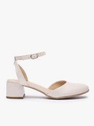 Kremowe ślubne czółenka ze skóry licowej. Brązowe czółenka Ryłko, na wiosnę, bez wzorów, ze skóry, eleganckie, z okrągłym noskiem, bez obcasa, na obcasie, bez zapięcia. Za 399.99 zł.