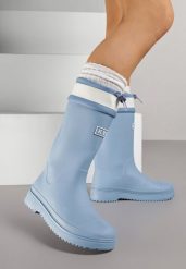 Niebieskie Kalosze ze Ściąganą Cholewką i Napisem Oveslia. Niebieskie kalosze Born2be, bez wzorów, z jeansu, bez zapięcia. Za 79.99 zł.