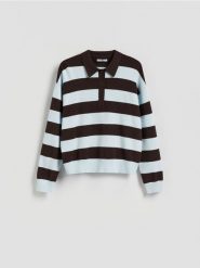 Sweter w paski - jasnoniebieski. Niebieskie swetry Reserved, l, bez wzorów, z dzianiny, bez ramiączek. Za 129.99 zł.