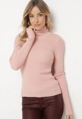 Jasnoróżowy Prążkowany Golf z Wiskozą o Dopasowanym Kroju z Odkrytymi Plecami z Wiązaniem Elattia. Czerwone swetry Born2be, m, bez wzorów, z jeansu, eleganckie, bez ramiączek. W wyprzedaży za 93.49 zł.
