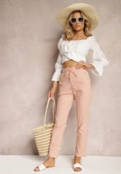 Różowe Spodnie High Waist ze Sznurkami i Guzikami Arifea. Czerwone jeansy Renee, bez wzorów, z jeansu, z podwyższonym stanem. W wyprzedaży za 32.99 zł.