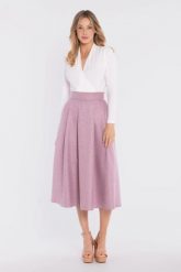 Rozkloszowana spódnica z wysokim stanem różowa. Czerwone spódnice Stylove, l, bez wzorów, z poliesteru, eleganckie, midi, rozkloszowane. Za 289.00 zł.