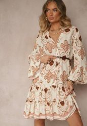 Jasnobeżowa Rozkloszowana Sukienka z Wiskozy Zdobiona Etnicznym Printem Pasiretia. Brązowe sukienki Renee, na co dzień, l, z aplikacjami, z wiskozy, eleganckie, bez kołnierzyka, bez ramiączek, mini, rozkloszowane. Za 119.99 zł.
