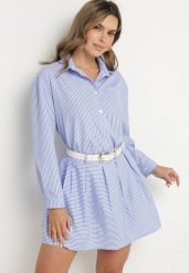 Jasnoniebieski Komplet Koszula i Rozkloszowana Spódnica Novarene. Niebieskie koszule Born2be, m, bez wzorów, eleganckie, bez kołnierzyka, bez ramiączek. Za 169.99 zł.